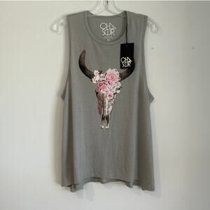 NWT Chaser "Floral Cowskull" Muscle Tank Top, Gray, Women's Medium